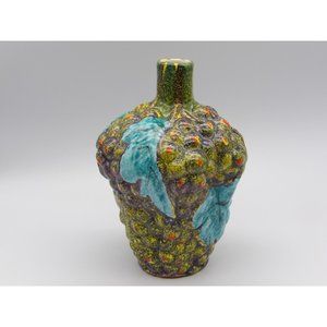 Vintage Italy Ceramic Vase Multicolor Grapes Blue Leaves 6" W x 8" H